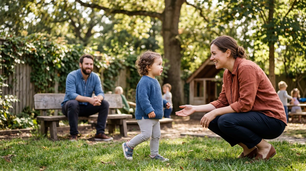 Ein Kleinkind nähert sich neugierig der neuen Bezugsperson, während der Vater im Hintergrund als sicherer Hafen fungiert