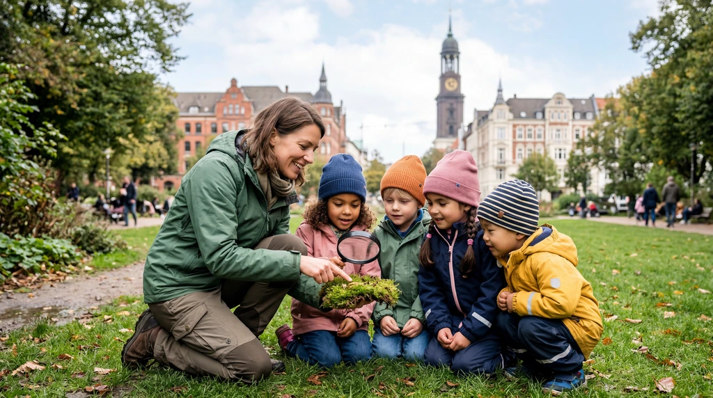 Engagierte Erzieherin zeigt Vorschulkindern in einem Hamburger Park ökologische Zusammenhänge